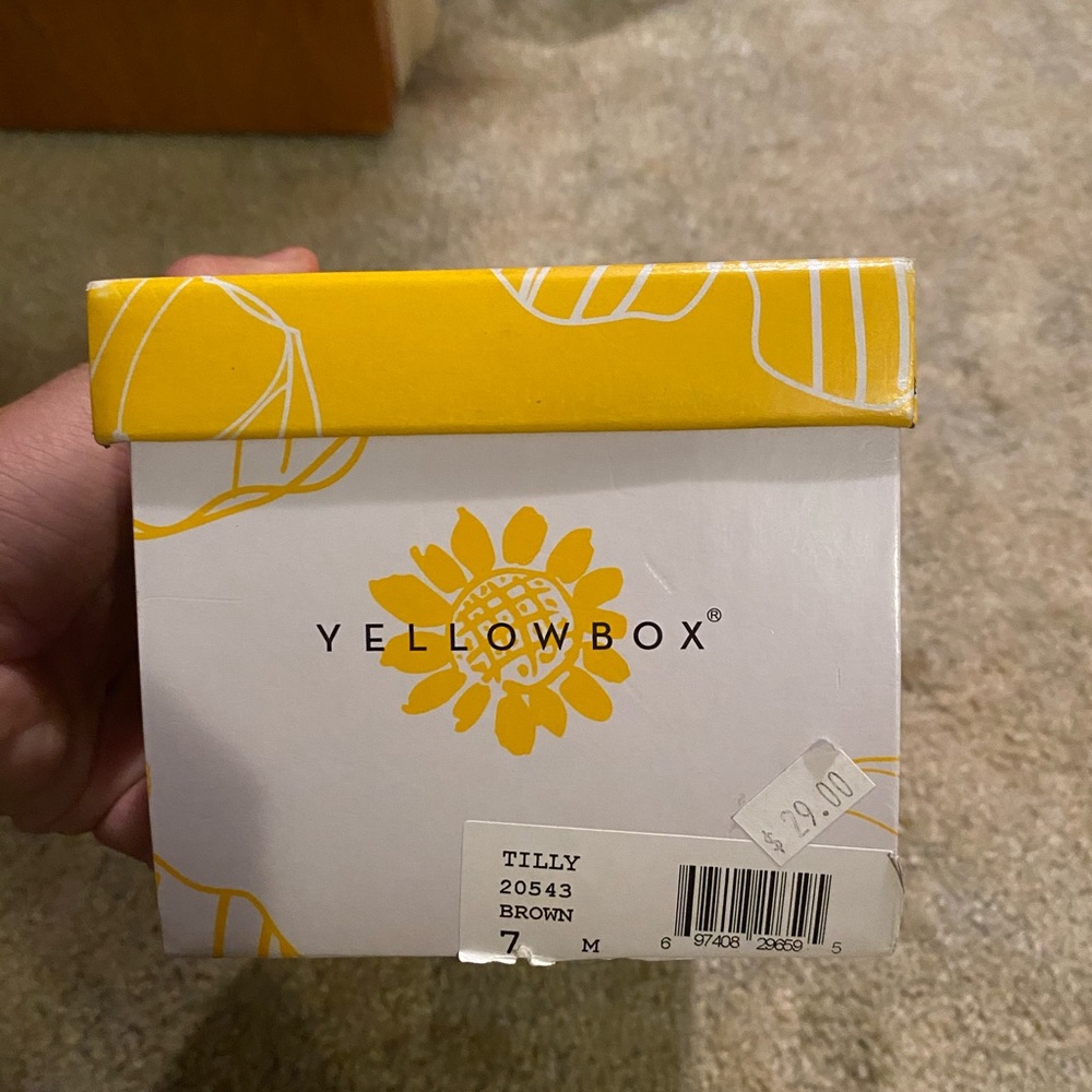 Yellow box flip flops brown